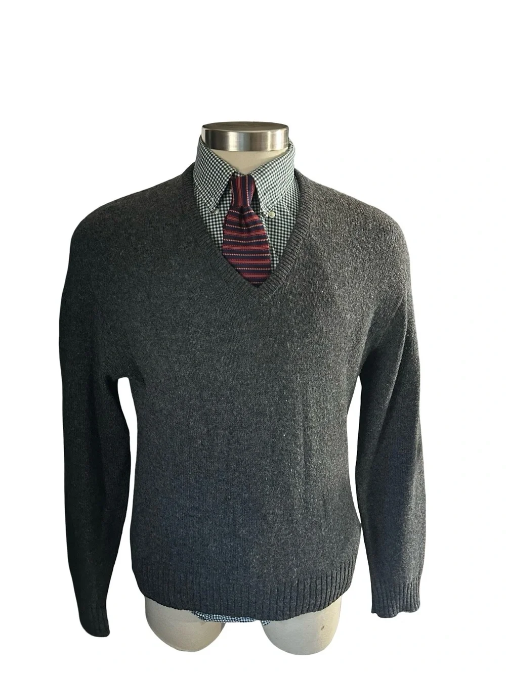 Vtg Jantzen Gray Heathered V-Neck Knit Pullover Sweater Men Sz L Made In USA